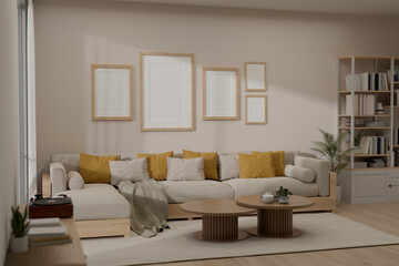 Interior design of a modern and cozy living room with a comfortable couch and decor.