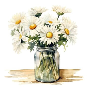 A colorful floral still life with daisies in a rustic mason jar