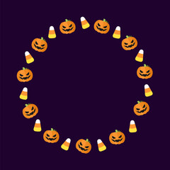 Round Halloween frame border design with cartoon ghost, jack o lantern, pumpkins, candy corn. Cute Halloween card doodles. Vector Halloween illustrations