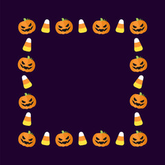Cute Halloween card doodles. Square Halloween frame border design with cartoon ghost, jack o lantern, pumpkins, candy corn. Social media banner template vector illustration.