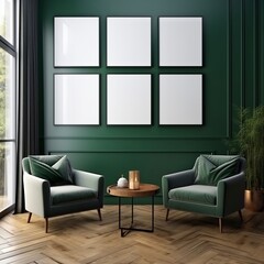 Frame mockup in a sophisticated dark green home interior, 3D render. Created with Generative AI technology