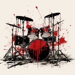 A red splattered drum set contrasts a black background. (Generative AI)