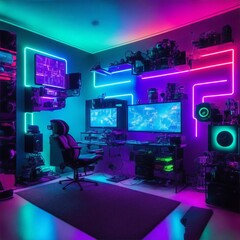 Immersive Gaming Haven: Exploring a Dynamic Gaming Room with a Towering PC, Booming Speakers, and an Enchanting Full LED RGB Setup