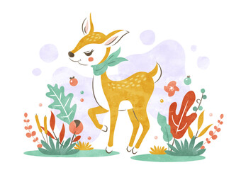 小鹿と植物の水彩イラスト