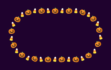 Cute Halloween frame template. Oval Halloween border design with jack o lantern, pumpkins, candy corn. Social media banner vector illustration