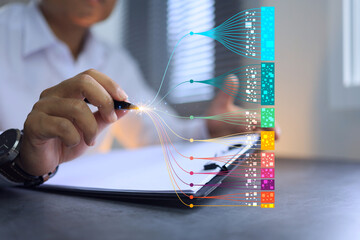 A businessman or programmer uses a pen to write data in order to link and transfer digital data and to share data to a server or to the public. Right copy space for creator text. colour full data node