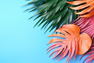 Fototapeta na wymiar Tropical leaves against a vibrant blue background