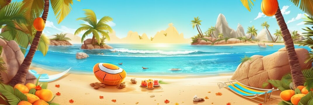 A vibrant beach scene with a chair and beach ball