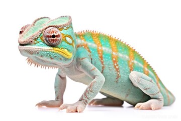 A close up of a chameleon on a white background