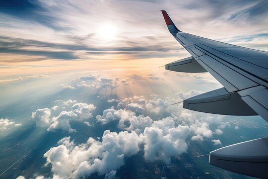 An airplane wing soaring above fluffy white clouds