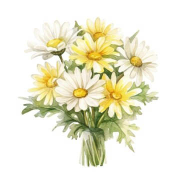 A vibrant watercolor painting capturing the beauty of a bouquet of daisies