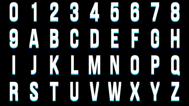 Rgb split numbers and letters animation on alpha channel background. Glitch-style animated big alphabet typeface 4k video. Sans serif font. Chroma key.