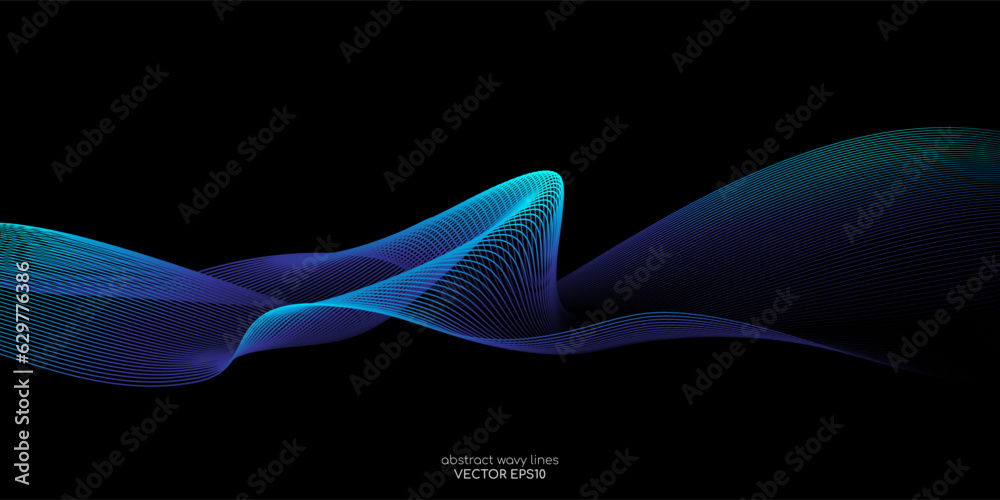 Poster Abstract smooth wavy lines pattern blue and green gradient light isolated on black background. Vector in concept of technology, science, music.