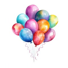 Watercolor illustration of a colorful bunch of balloons floating in the sky