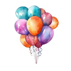 Watercolor illustration of a colorful bunch of balloons floating in the sky