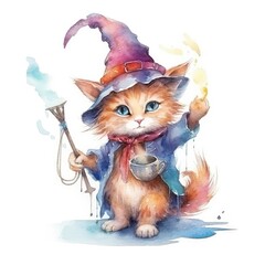 Watercolor illustration of a whimsical watercolor painting featuring a cat dressed as a wizard