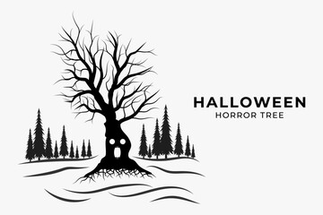 Halloween horror silhouette tree with palm forest on a white ground.