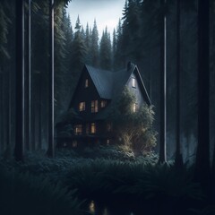 Haunted dark house in the middle of the forest with a halloween theme