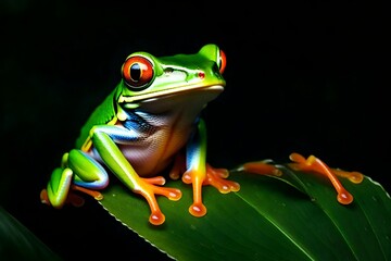 Obraz premium Striking red-eyed tree frog shows brilliant colors perched on a dark tropical leaf for editorial use.