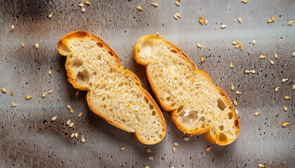 Slices of fresh crispy baguette with sesame. Top view