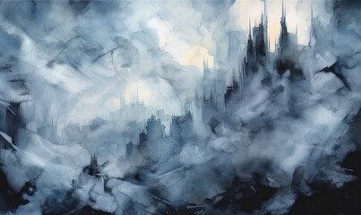 Watercolor cityscape background. Medieval castel. For banner, postcard, book illustration. Created with generative AI tools