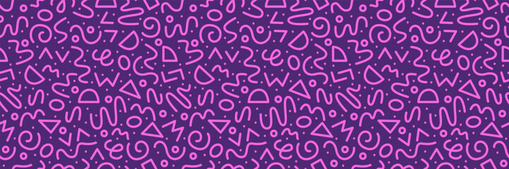 90s Seamless Pattern Squiggle Fun Pattern. Abstract Purple Colorful Random Scribble Doodle Background.