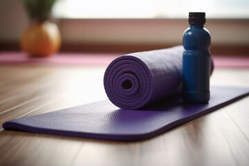 A yoga mat and a bottle of water