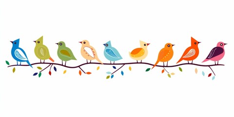 Many Colorful Birds on a Branch Simple Multicolor Cartoon Design Illustration 