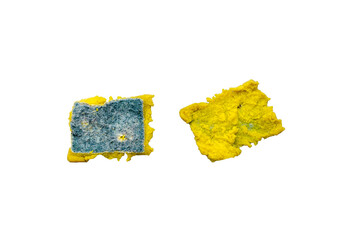 sponge for washing dishes, old yellowed and green sponge that has been used on transparent background