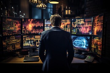 Fototapeta premium A dynamic shot of a stock trader, intensity in his eyes, as he stares at multiple screens displaying the pulse of the real-time market, playing the financial game.