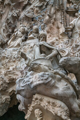 Close up view of the stone sculptures outside the La Sagrada Familia in Barcelona, Spain