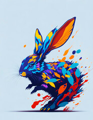 A detailed illustration of a rabbit with leaf, paint splash, and gravity background for a t-shirt design and fashion