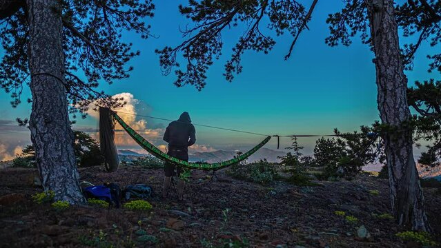 Hiker Setups Hammock On Mount Olympus In Cyprus. timelapse
