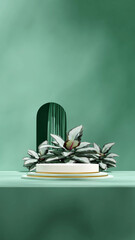 in portrait calathea houseplant and arch doorway, 3d render blank mockup white gold cylinder podium