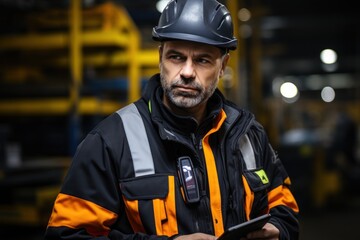 Fototapeta premium Professional heavy industry engineer/worker wearing safety gear and helmet using a tablet computer. Seriously accomplished industry professionals walking in a metallurgical warehouse.