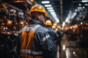 Professional heavy industry engineer/worker wearing safety gear and helmet using a tablet computer. Seriously accomplished industry professionals walking in a metallurgical warehouse.