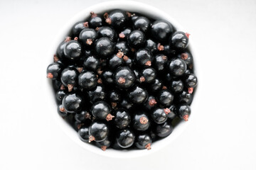 Fresh black currant on in a white bowl. Handful of berries on the wooden table.