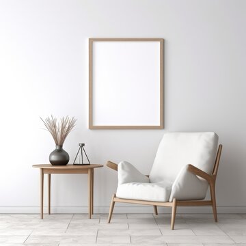 Wooden Photo frame mock-up in modern living room interior AI Generative