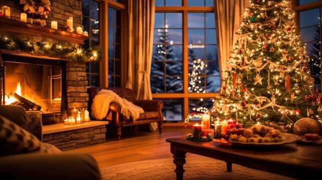 Living room decorated at christmas Generative AI