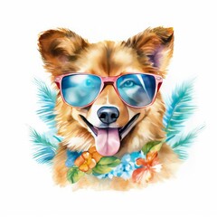 Watercolor illustration of  a cool and stylish dog wearing sunglasses in a vibrant and playful painting