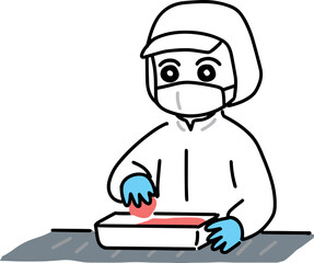 お肉をパックに詰めている食品工場のスタッフ