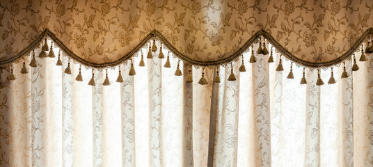 Luxurious curtains closed on window at home