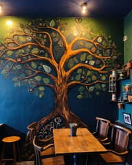 Green Caffe Interior Design HQ Illustration. Generative Ai