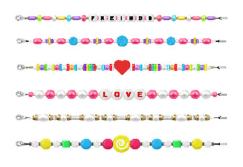 Plastic bead bracelet friendship love funky kids cute accessories set realistic vector illustration - obrazy, fototapety, plakaty