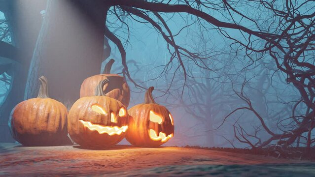 Scary Halloween forest with mist and carved pumpkins