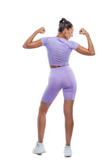Obraz premium Smiling slender woman in purple sportswear shows muscles. Sport, active lifestyle, beauty and health. Isolated on white background. Vertical. Full height. Back view.