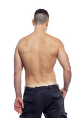 Fototapeta premium A sporty man with a bare back is standing. Health and active lifestyle. Isolated on white background. Vertical.