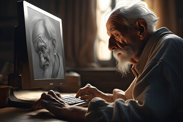 Obraz premium draw an old man using a computer. Generative AI