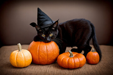 A black kitten in a witch's hat stands in pumpkins. Background, postcard, Halloween theme. AI generation.