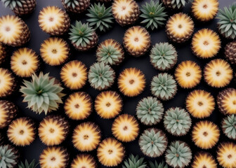 Fototapeta premium Lots of pineapples top view. Whole and chopped pineapples. Background, banner with pineapples. AI generation.